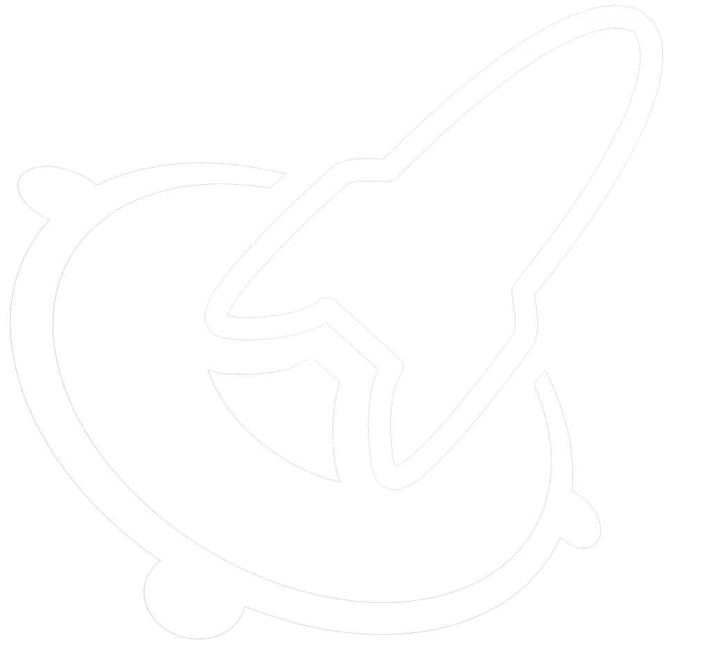 Das Bild zeigt ein minimalistisches, zweifarbiges Logo auf schwarzem Hintergrund. In der Mitte befindet sich eine stilisierte, weiße Rakete, die schräg nach oben zeigt. Sie ist umgeben von einem ebenfalls weißen Ring, der den Eindruck erweckt, die Rakete würde aus ihm heraus starten. Der Ring hat vier kleine, gleichmäßig verteilte Kreise, die an die Struktur eines klassischen Atommodells erinnern. Die Verwendung von klaren Linien und Kontrasten verleiht dem Logo einen modernen und futuristischen Look.