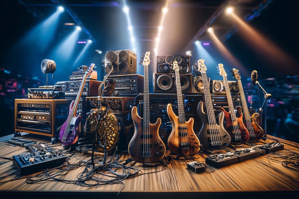Mehrere Bassgitarren mit Verstärkern, Effektpedalen und Studio-Equipment auf einer beleuchteten Bühne aufgebaut