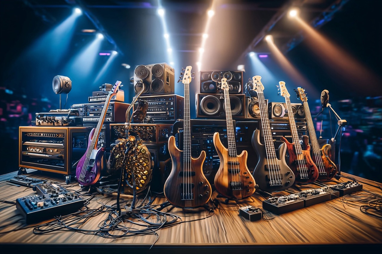 Mehrere Bassgitarren mit Verstärkern, Effektpedalen und Studio-Equipment auf einer beleuchteten Bühne aufgebaut