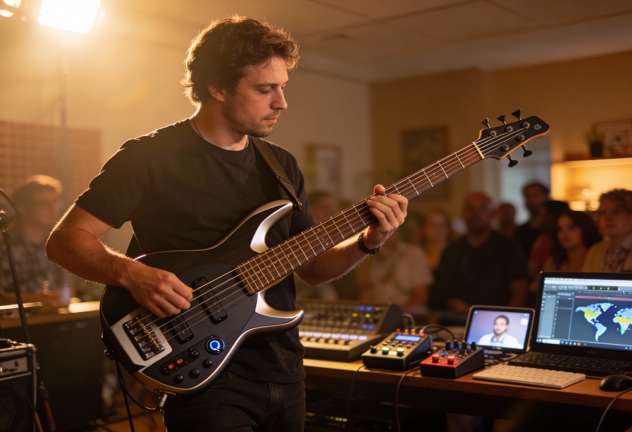 Bassgitarrist spielt E-Bass während einer Live-Session im Tonstudio mit Mischpult, Laptop und Publikum im Hintergrund
