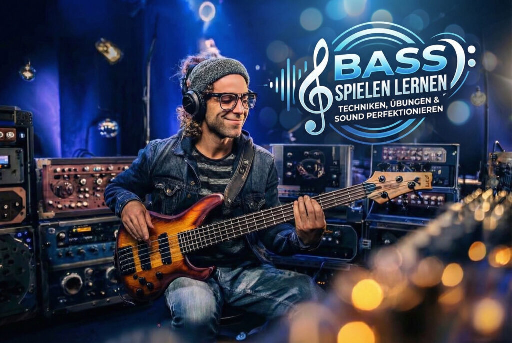 Bassplayer spielt E-Bass im Tonstudio mit Kopfhörern, um Bass-Techniken, Groove und Sound gezielt zu trainieren