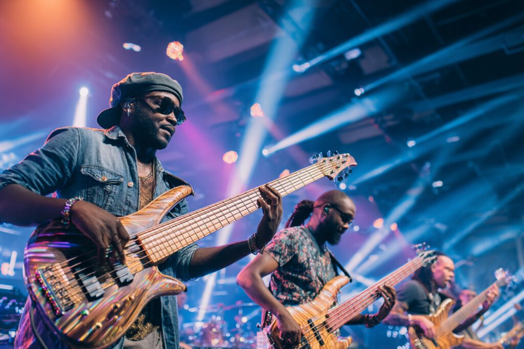 Mehrere Bassplayer spielen Bassgitarre live auf einer beleuchteten Konzertbühne mit starkem Groove und Funk-Sound