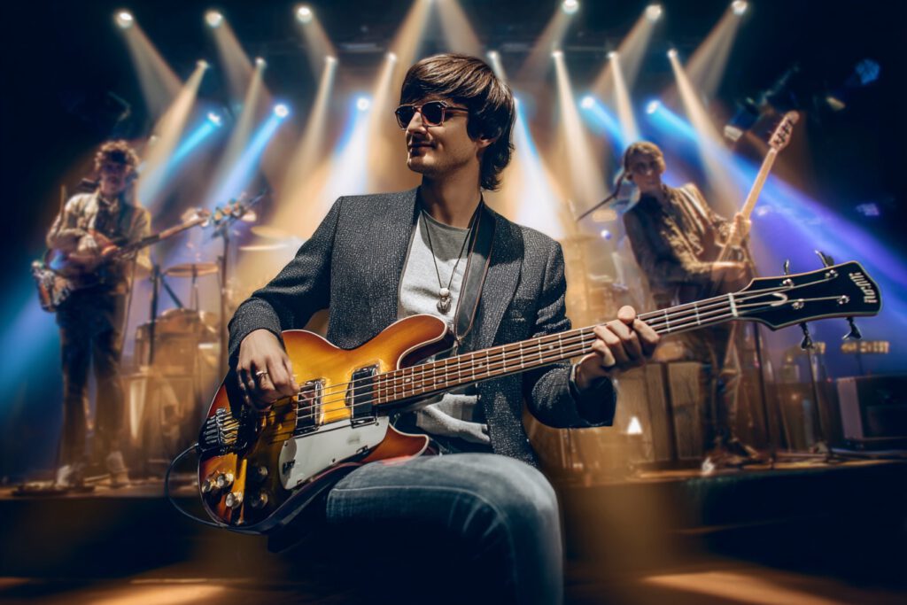 Bassplayer spielt einen klassischen Höfner-Style Bass live auf der Bühne mit Band und Bühnenbeleuchtung im Hintergrund