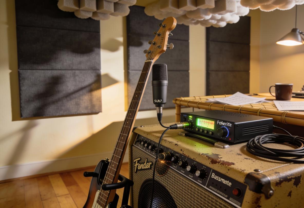Bassgitarre mit Mikrofon und Aufnahmegerät in einem Studio