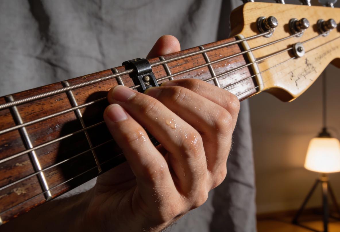 Eine Hand, die eine Bassgitarre greift, mit sichtbarem Schweiß