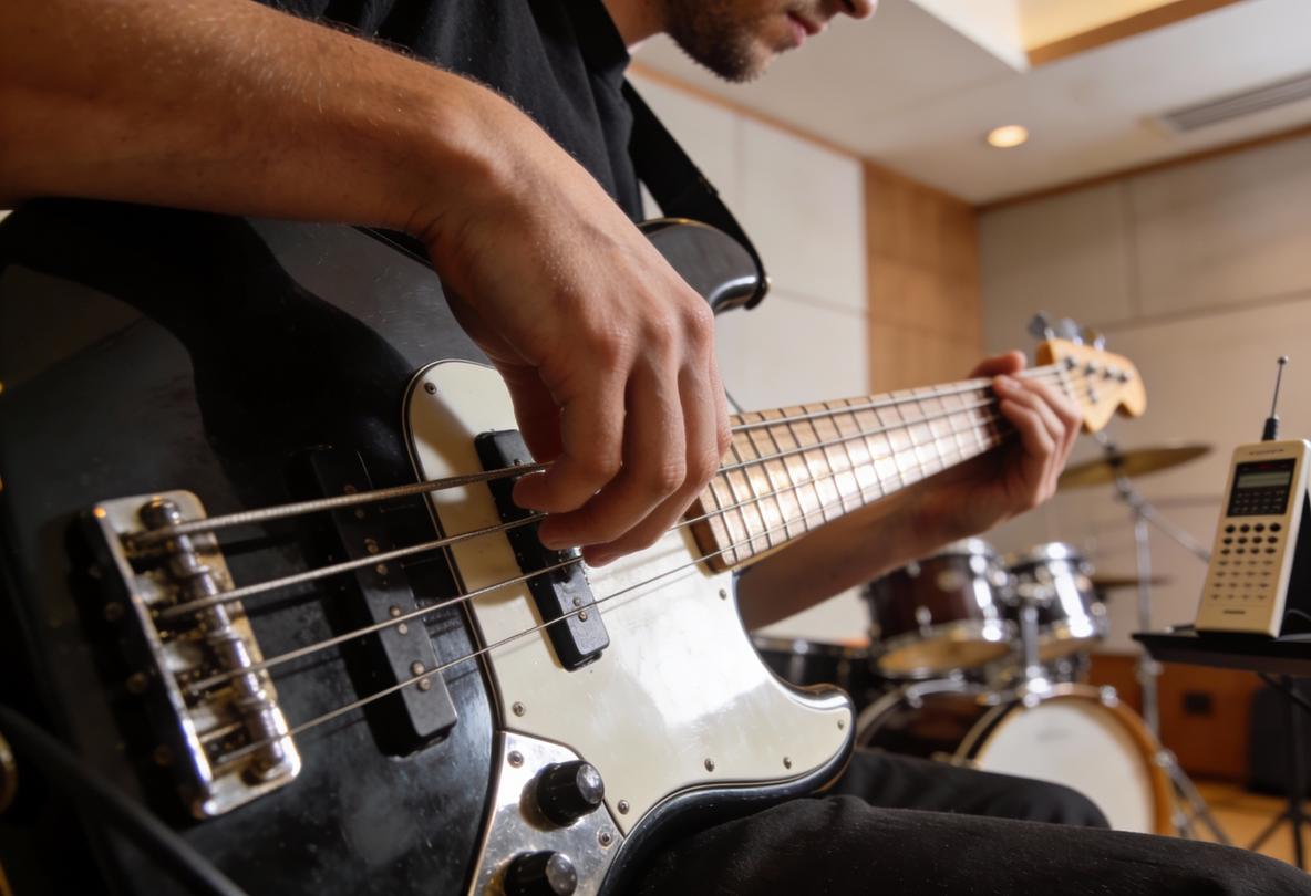 Nahaufnahme eines Bassisten, der einen Bass spielt.