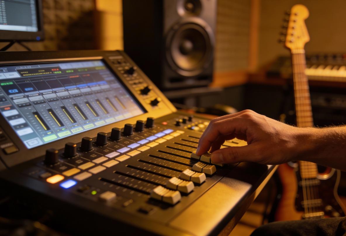 Nahaufnahme eines Mischpults mit einer Hand, die Regler bewegt.