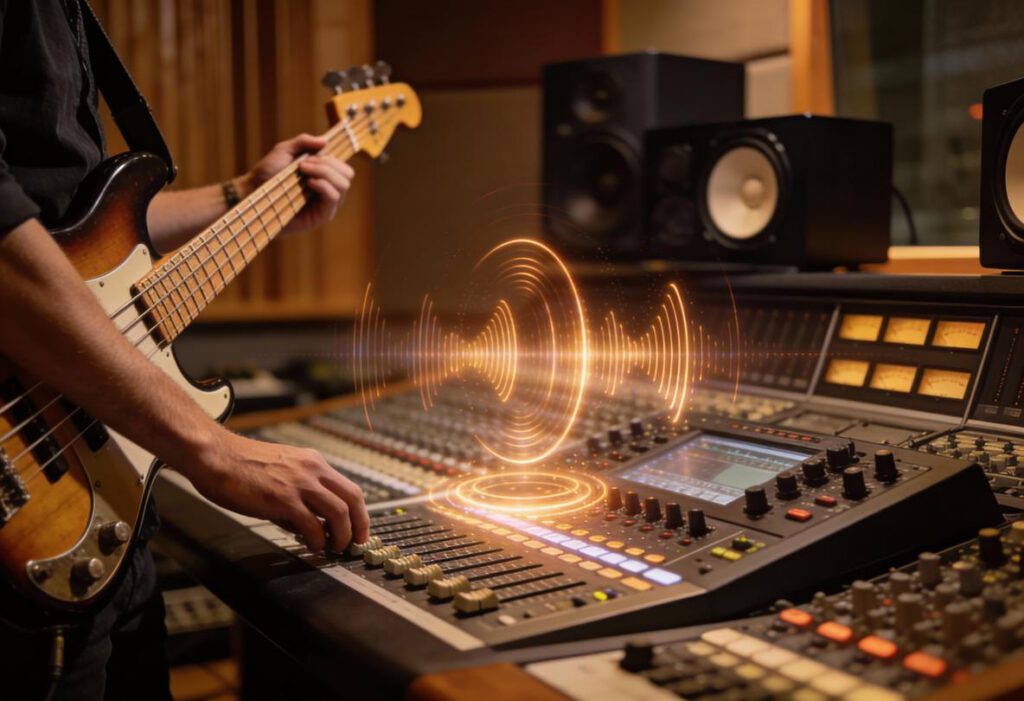 Bassist spielt E-Bass und bedient ein Mischpult im Tonstudio