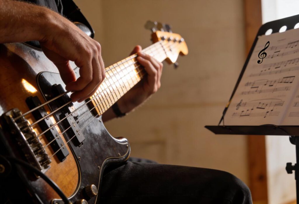 Nahaufnahme eines Bassisten, der mit einer Hand die Saiten zupft.