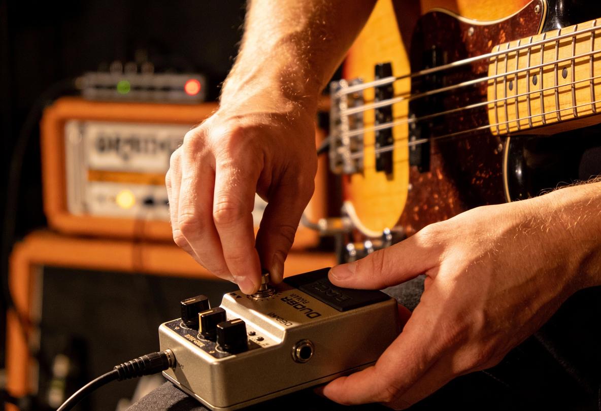 Ein Musiker stellt ein Effektpedal für Bassgitarre ein.