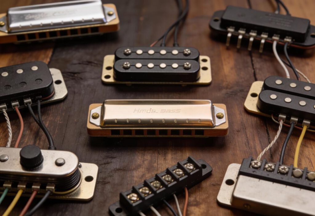 Verschiedene Bass-Pickups auf einem Holzuntergrund angeordnet.