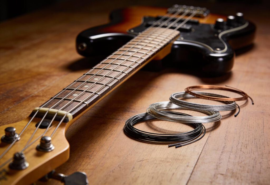 Nahaufnahme eines E-Basses mit verschiedenen Saiten