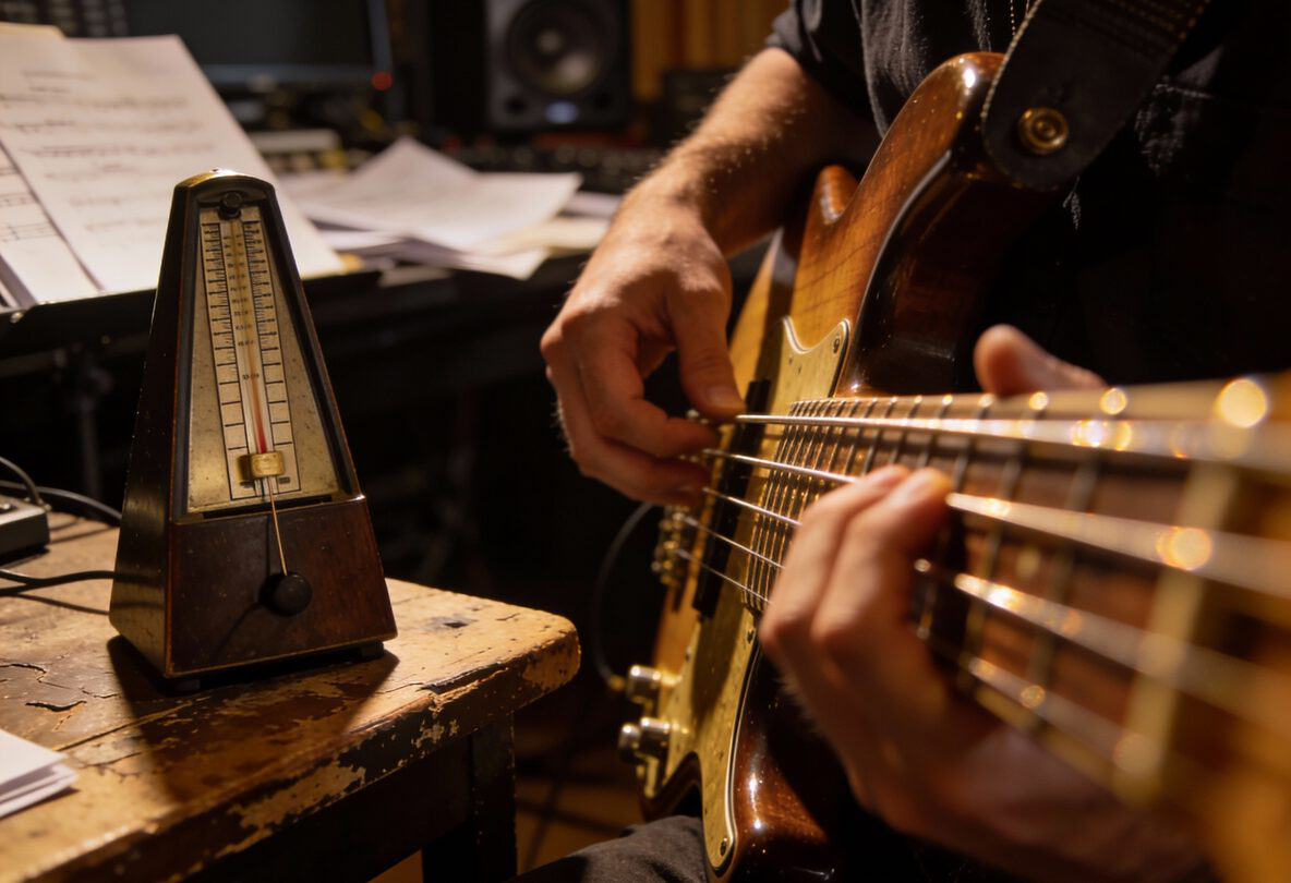 Bassist spielt auf seiner Gitarre, Metronom im Vordergrund