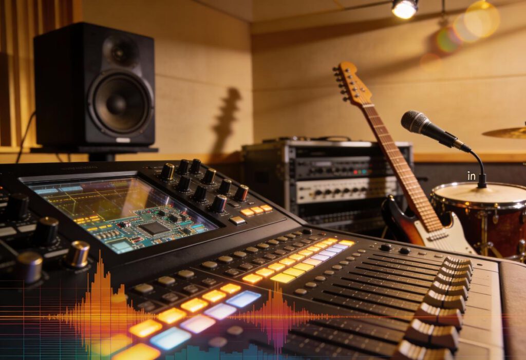 Ein Musikstudio mit Mischpult, Lautsprechern und Gitarren.