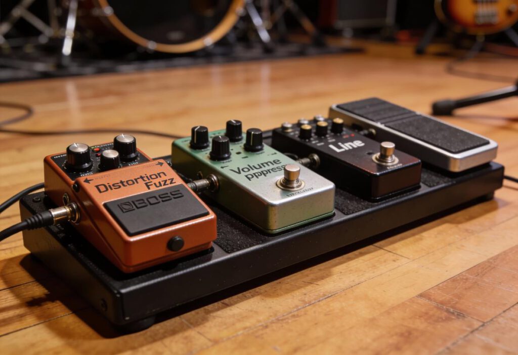 Nahaufnahme eines Pedalboards mit verschiedenen Effekten für Bassgitarren