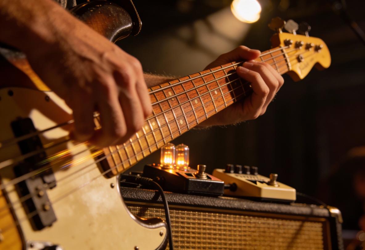 Ein Musiker spielt leidenschaftlich einen Bass mit Effekten.