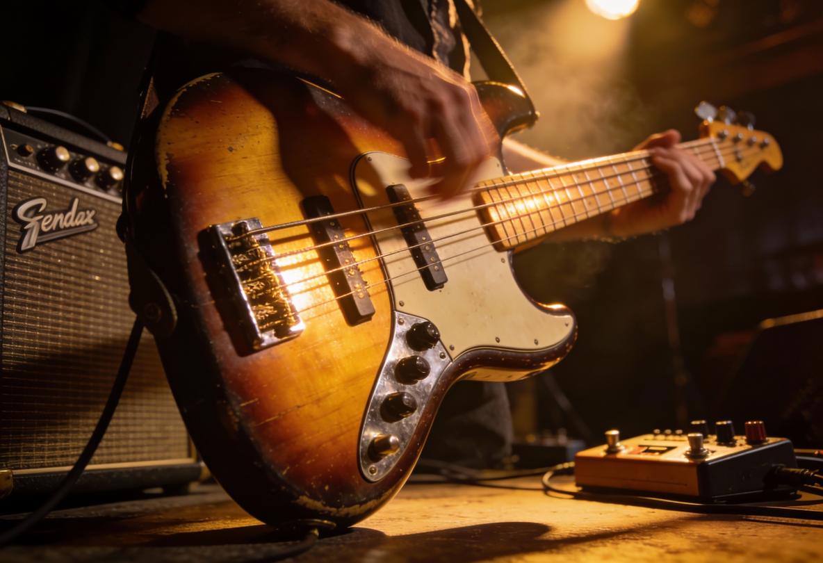 Nahaufnahme eines Bassisten, der auf der Bühne spielt