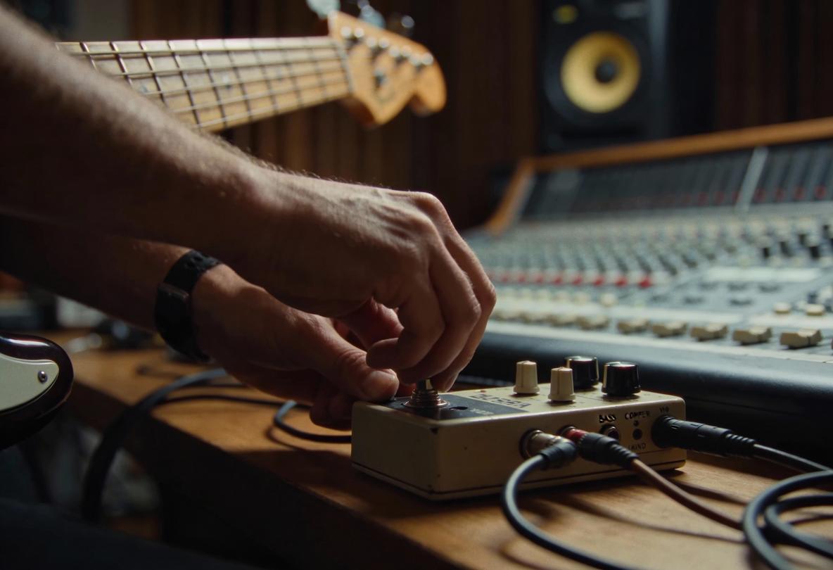 Ein Bassist justiert ein Effektgerät in einem Tonstudio.