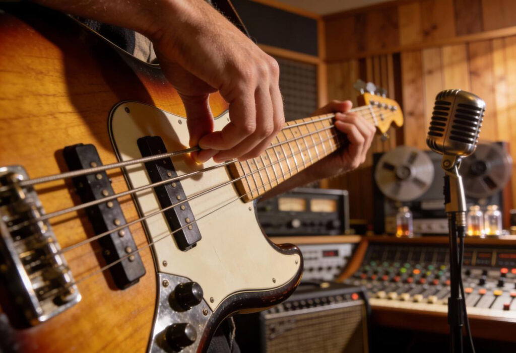 Nahaufnahme eines Musikers, der eine Bassgitarre spielt