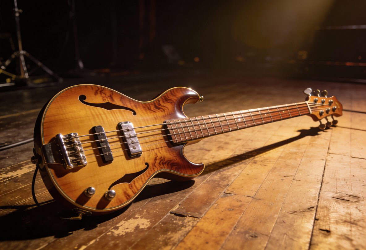 Hofner 500/1 Bassgitarre liegt auf der Bühne