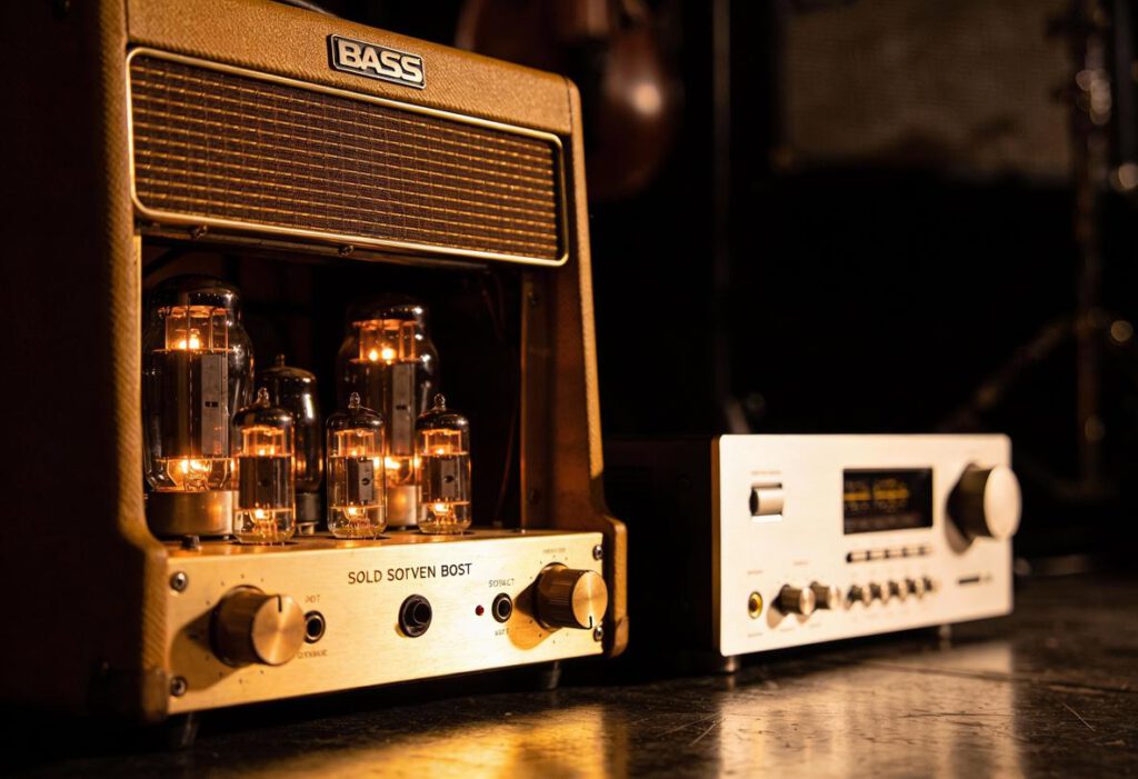 Nahaufnahme eines Vintage-Bass-Verstärkers mit Röhren