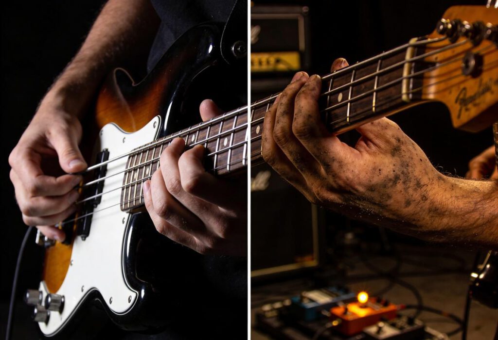 Nahaufnahme von Händen, die einen Bass spielen. Eine Hand drückt die Saiten, die andere schlägt sie an.