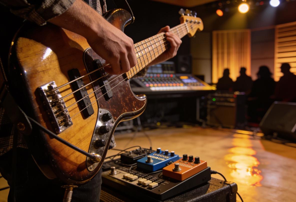Nahaufnahme eines Bassisten, der eine E-Bass spielt, mit verschiedenen Effektpedalen im Vordergrund.