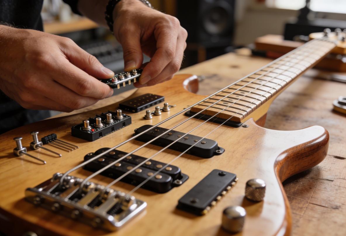 Ein Bassist befestigt Elemente an einer E-Gitarre in einem Studio