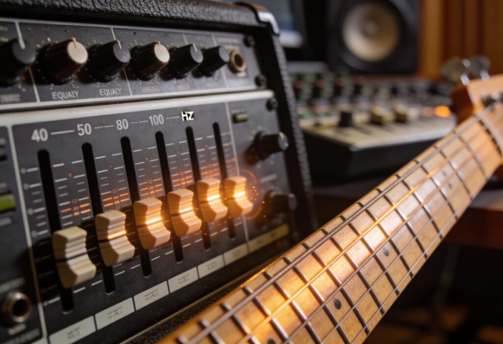 Nahaufnahme eines Bassgitarren-Halses und eines EQ-Geräts im Studio