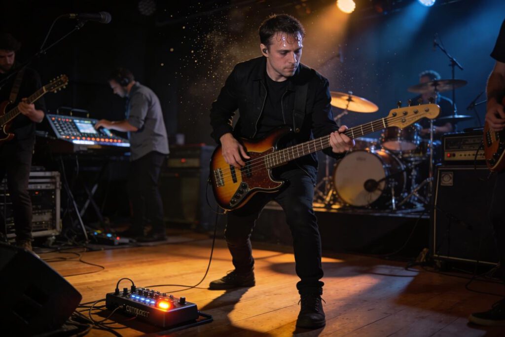 Ein Bassist spielt konzentriert auf der Bühne während eines Live-Konzerts.