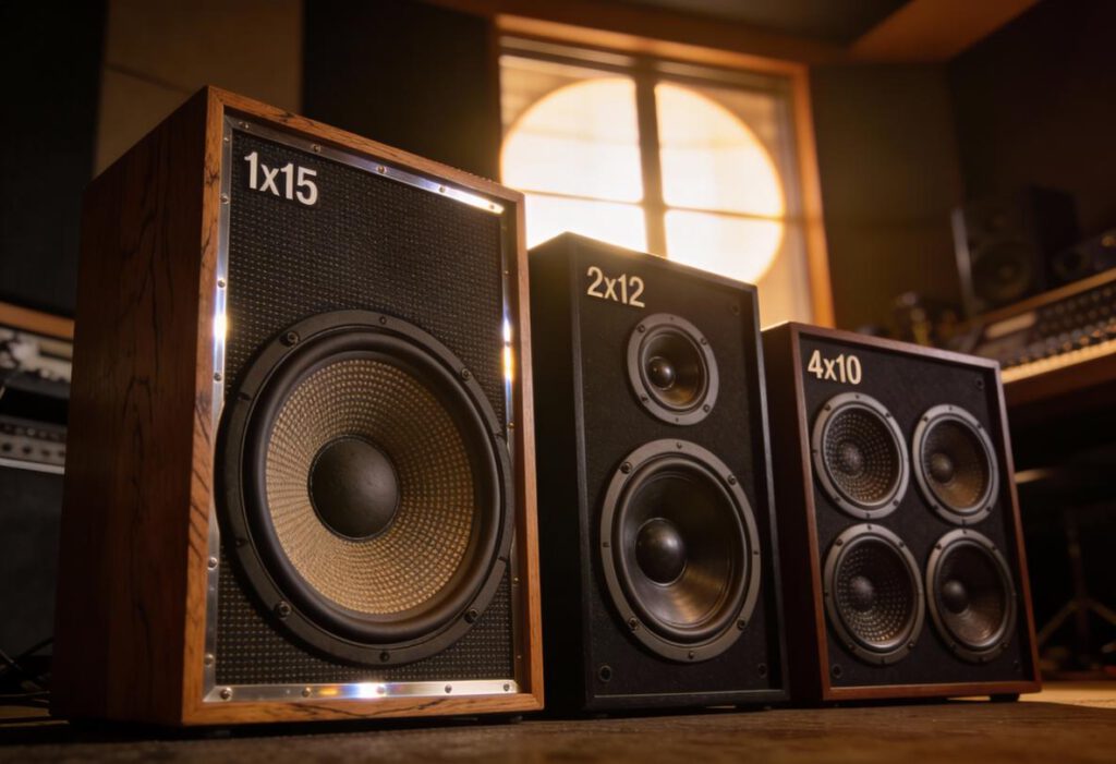 Drei verschiedene Lautsprecherboxen für Bassgitarren in einem Studio