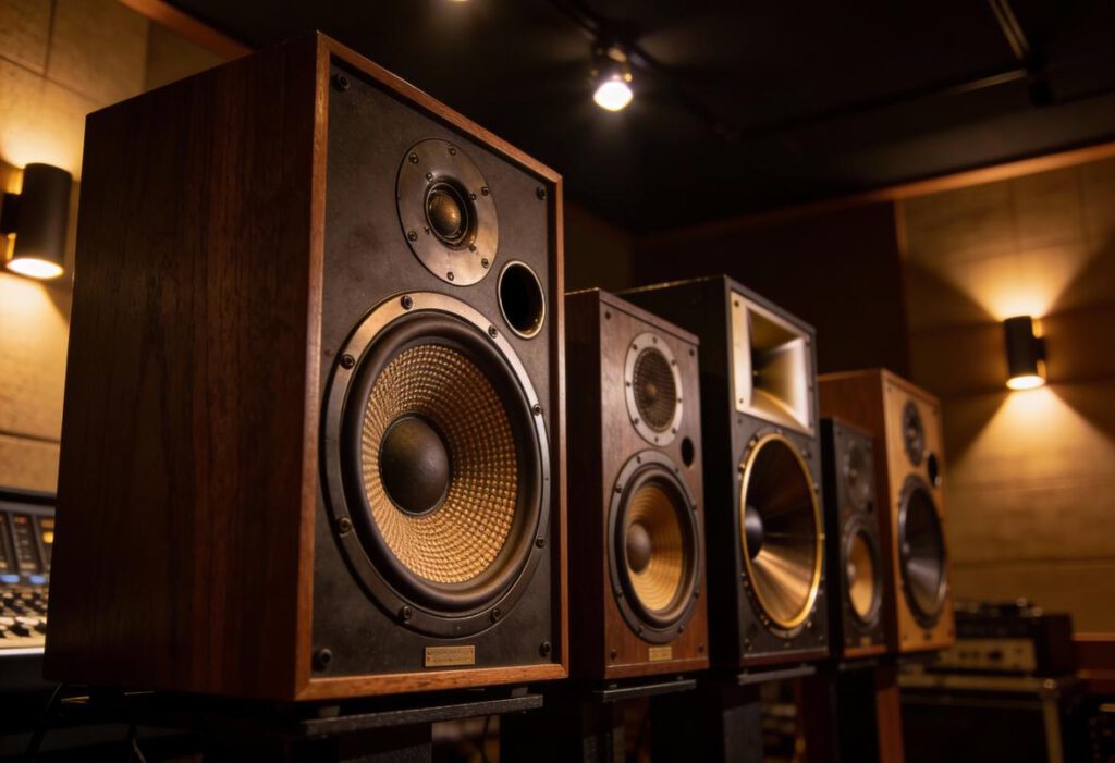 Vier Lautsprecher in einem Tonstudio mit Holzgehäuse