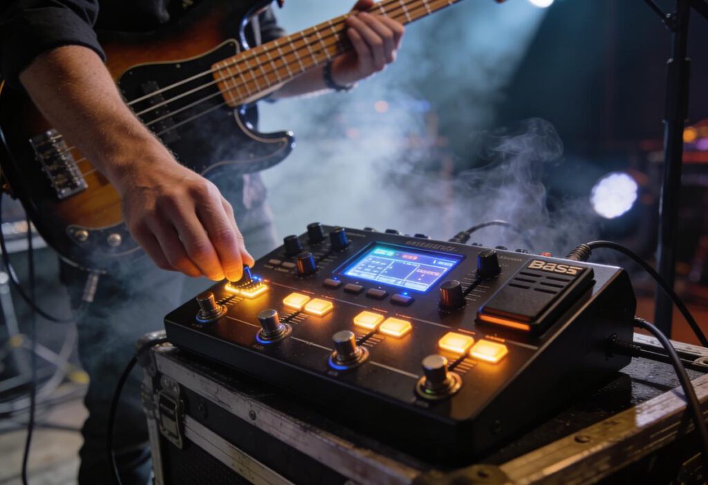 Ein Bassist justiert ein Effektgerät auf einer Bühne.