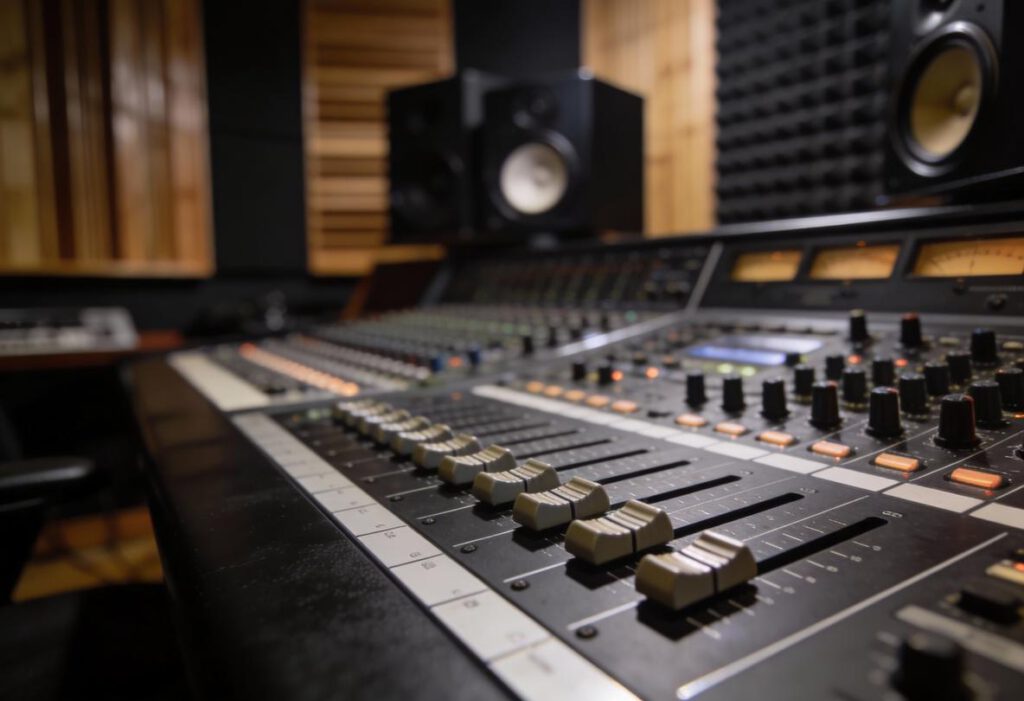 Detailaufnahme einer Mixing-Konsole in einem Tonstudio