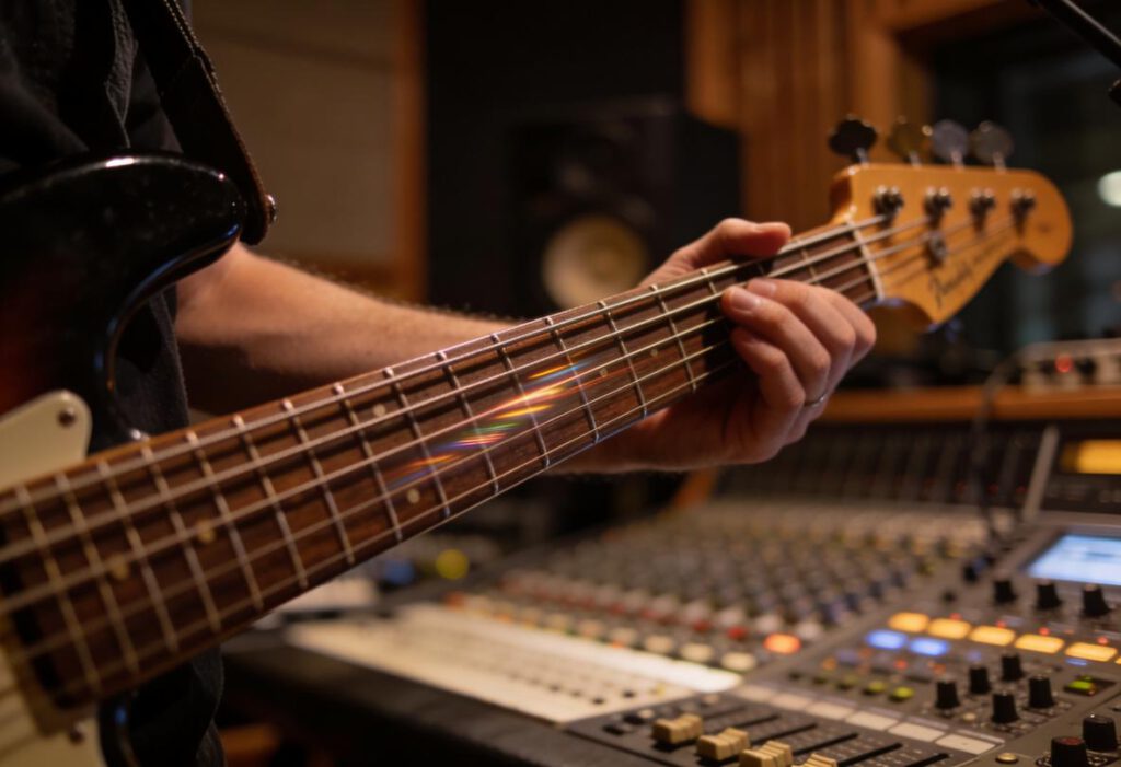 Nahaufnahme eines Bassisten, der im Studio spielt