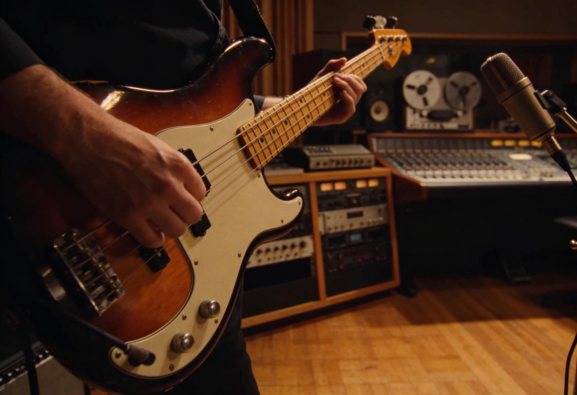 Ein Musiker spielt einen Fender-Bass in einem Tonstudio.
