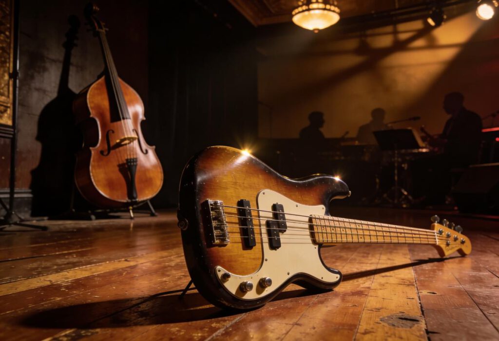 Nahaufnahme eines E-Basses auf Holzfußboden mit Kontrabass im Hintergrund