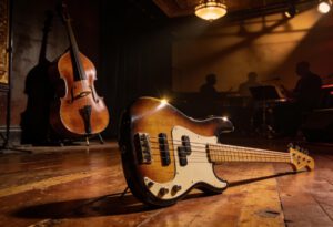 Nahaufnahme eines E-Basses auf Holzfußboden mit Kontrabass im Hintergrund
