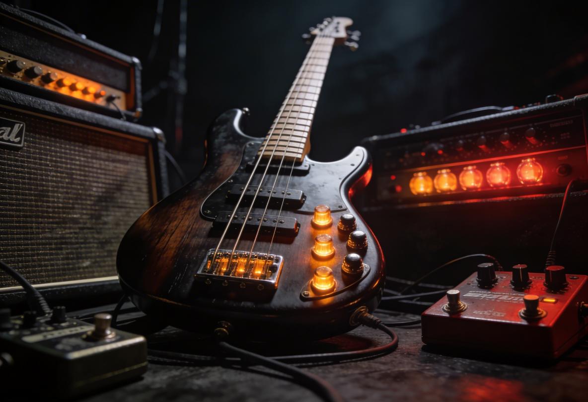 Ein schwarzer E-Bass liegend auf dem Boden, umgeben von Verstärkern und Effektpedalen