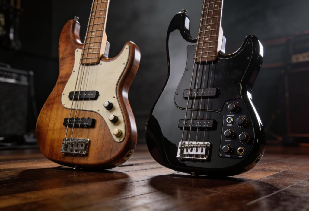 Zwei E-Bässe, einer mit Holz finish, der andere schwarz, nebeneinander auf einem Holzfußboden