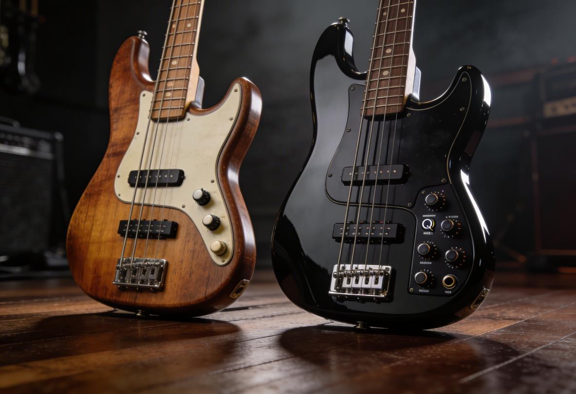 Zwei E-Bässe, einer mit Holz finish, der andere schwarz, nebeneinander auf einem Holzfußboden
