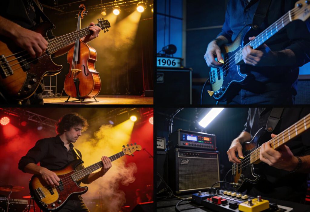 Verschiedene Szenen von Bassisten beim Live-Spiel auf der Bühne, mit Fokus auf Instrumente und Musikanlage.