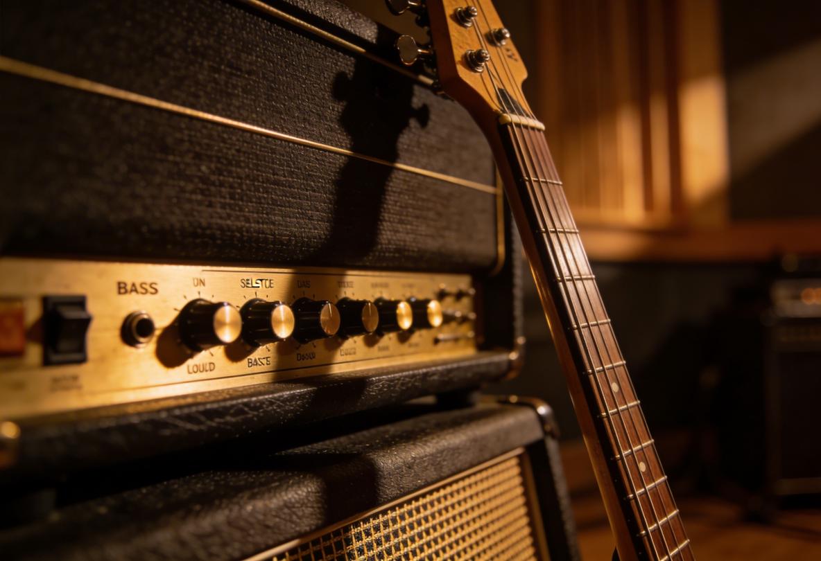 Nahaufnahme eines Bassverstärkers mit E-Bass