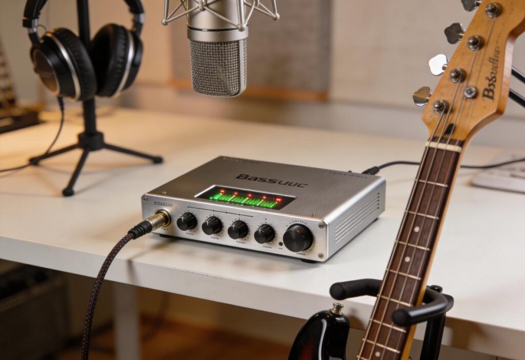 Ein silbernes Audio-Interface mit Mikrofon, Kopfhörern und einem Bassgitarre auf einem Tisch