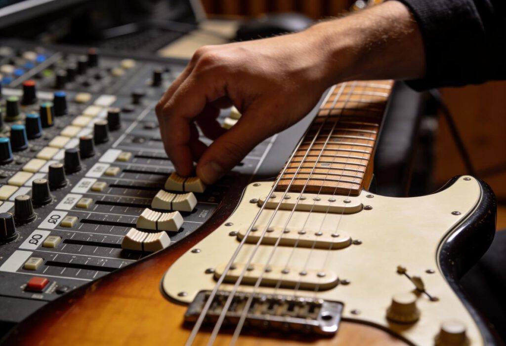 Hand, die Lautstärke und EQ-Potentiometer an einem Mischpult dreht, mit Bassgitarre im Vordergrund