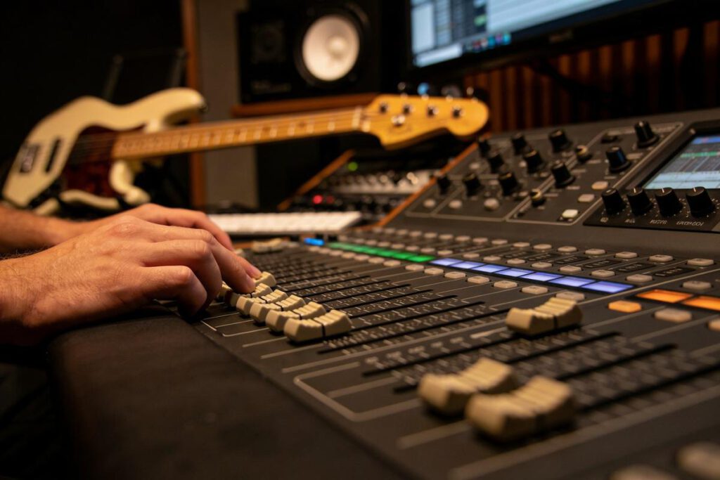 Nahaufnahme eines Mixing-Boards mit Bassgitarre im Hintergrund