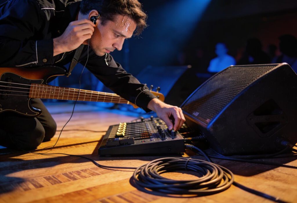 Ein Bassist mit Schweißperlen, der sich auf der Bühne mit einem Mischpult beschäftigt.