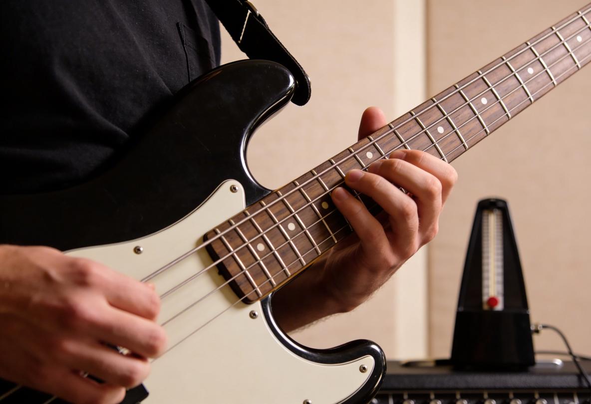 Nahaufnahme einer Hand, die auf den Saiten einer Bassgitarre spielt, mit einem Metronom im Hintergrund.