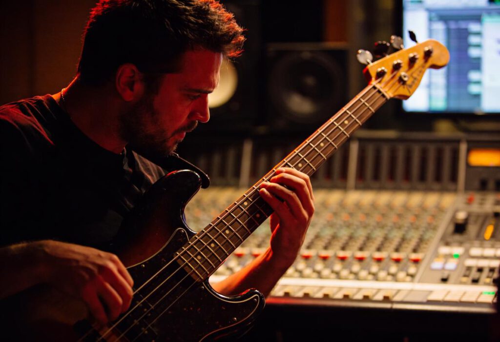 Ein Mann, der konzentriert einen Bass im Tonstudio spielt