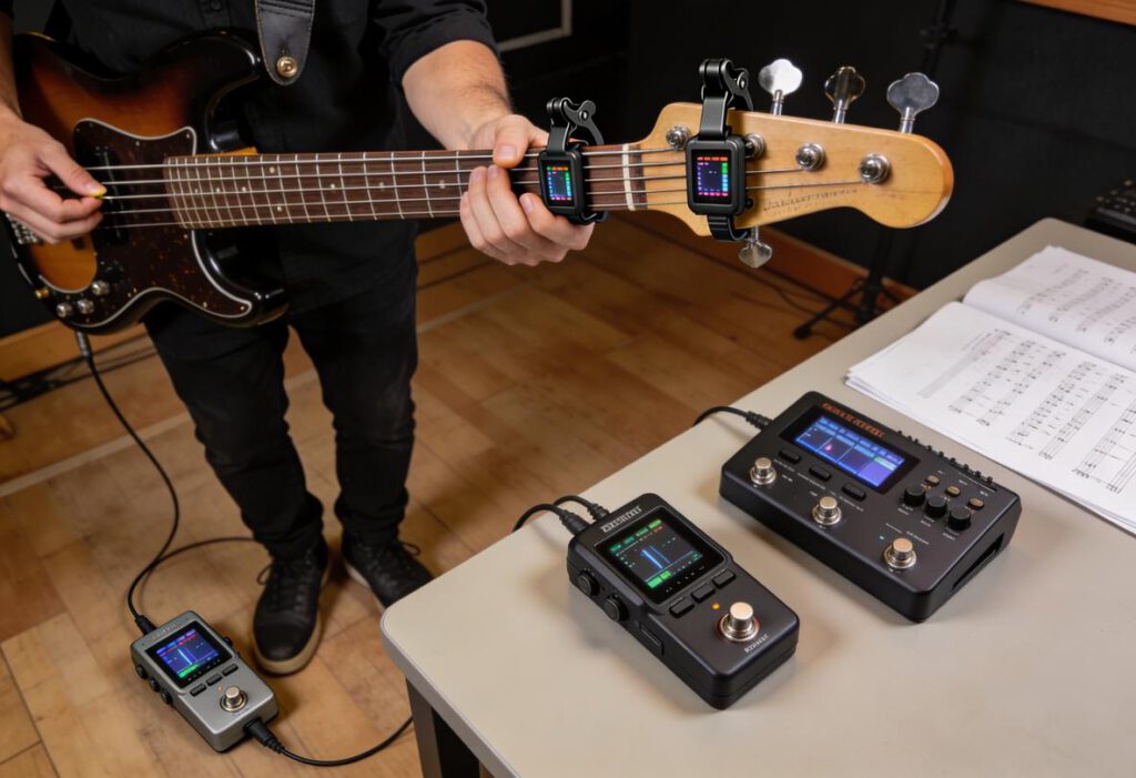 Bassist spielt mit einem E-Bass und nutzt digitale Effekte